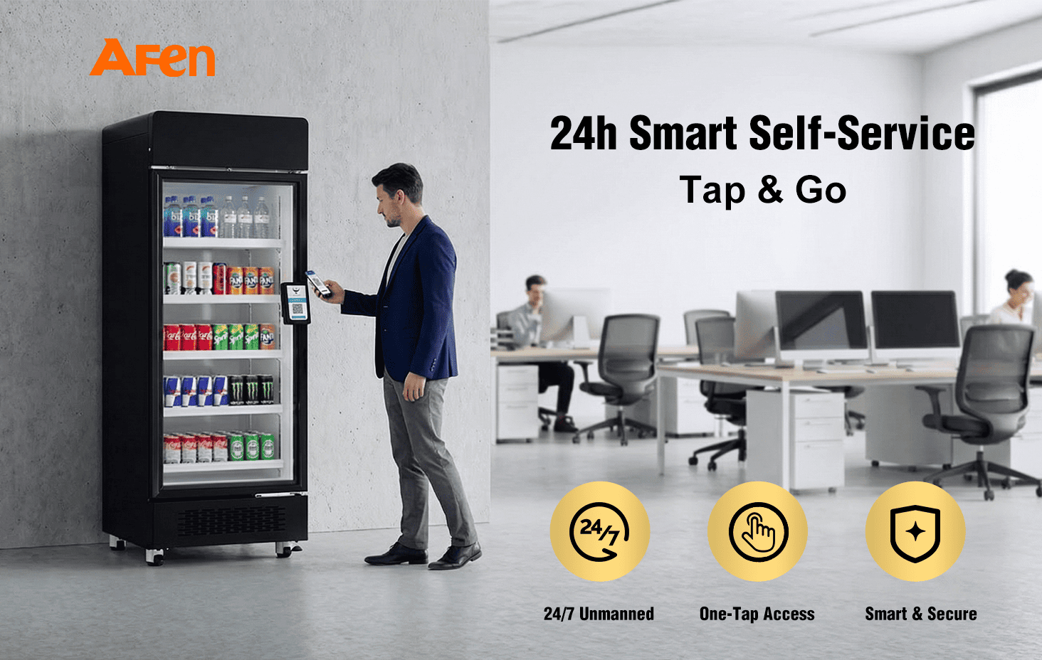 AFEN Smart Cooler 510L Hero Scene AFEN 510 smart cooler n pese awọn solusan titaja 24/7 ti ko ni ọkọ fun awọn ọfiisi ati awọn ibi-idaraya.