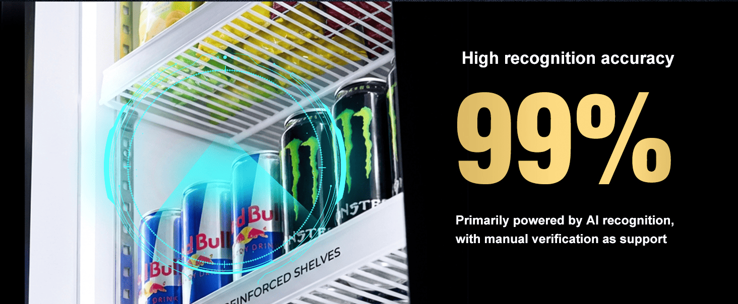 AFEN Smart Cooler AI Vending Machine AI Ipese Imọye AI Ìrísí ìdámọ̀ 99% nípasẹ̀ ìran AI oní-kámẹ́rà méjì fún ìdíyelé tó péye àti ìdènà àdánù